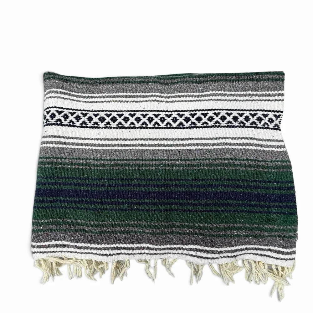 Vintage Woven Mexico Blanket Serape Yoga Falsa Navy Gray Green Throw 52